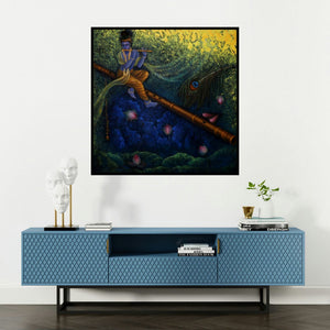 'Lord Krishna (Nature's Serenade)' painting by Rakhi Baid shown on a wall in a furnished room.