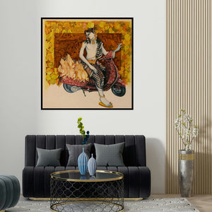 Saraswathi Lingampally's 'Lord Krishna (Krishna on a Scooter)' painting visualized above a sofa in a contemporary room.