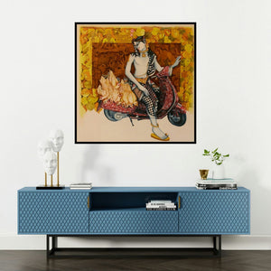 'Lord Krishna (Krishna on a Scooter)' painting by Saraswathi Lingampally shown on a wall in a furnished room.