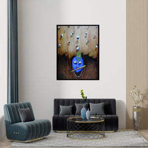 Preview of 'Lord Krishna (Eyes of the Divine)' Painting by Abbas Batliwala shown on a wall in a furnished room.