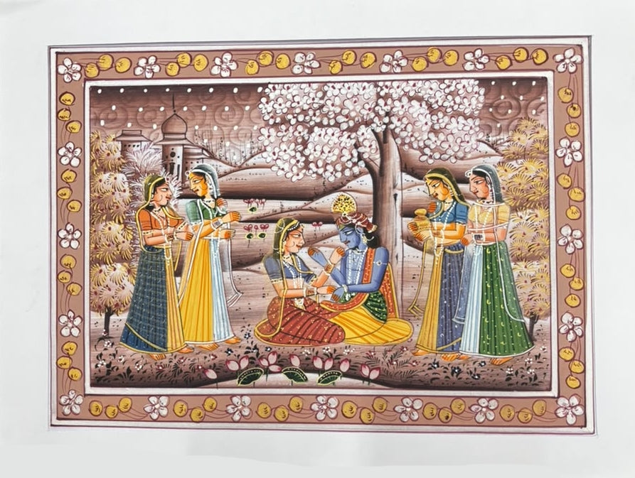 Lord Krishna And Radha With Gopikas 5' religious miniature Traditional Art by artist Unknown, 11x14 inch, on silk