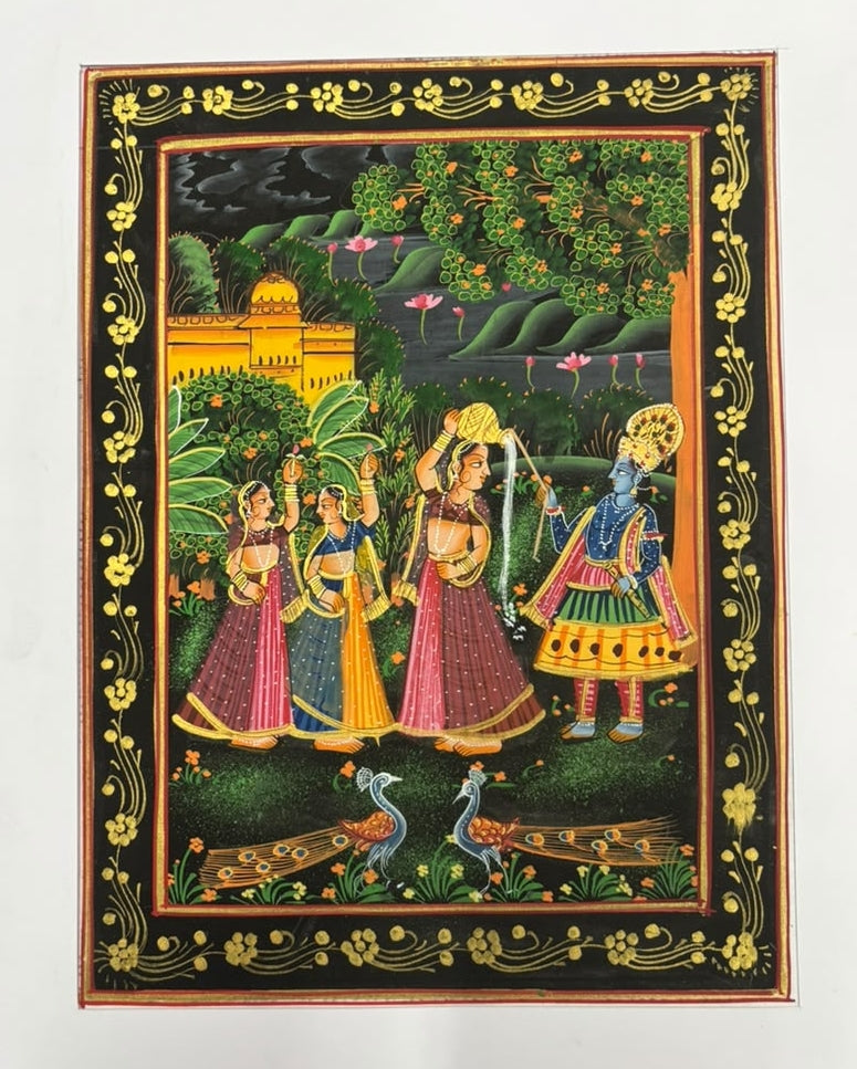 Lord Krishna And Radha With Gopis 1' religious miniature Traditional Art by artist Unknown, 12x10 inch, on silk