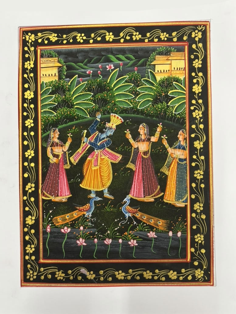 Lord Krishna And Radha With Gopis 2' religious miniature Traditional Art by artist Unknown, 12x10 inch, on silk