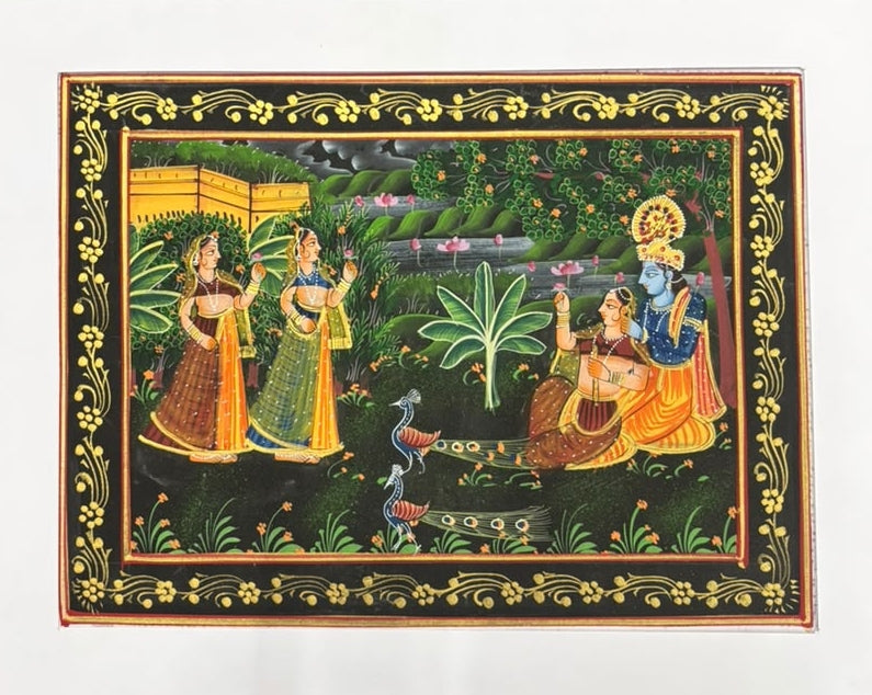 Lord Krishna And Radha With Gopis 3' religious miniature Traditional Art by artist Unknown, 10x12 inch, on silk