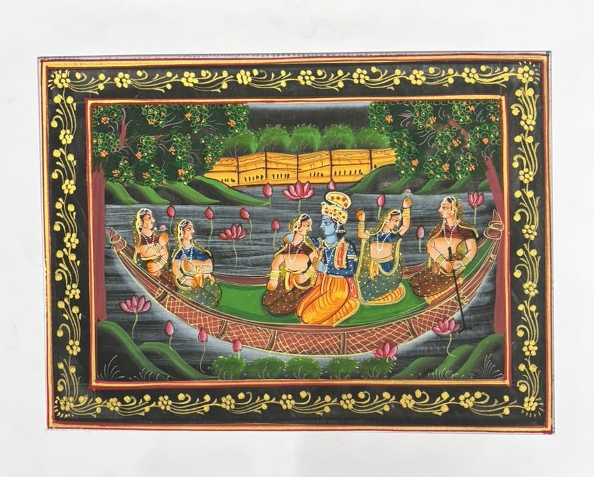 Lord Krishna And Radha With Gopis 4' religious miniature Traditional Art by artist Unknown, 10x12 inch, on silk