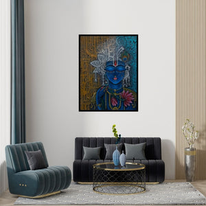 Preview of 'Lord Krishna (Kamal Nayan) (Divine Love Krishna and the Lotus)' Painting by Anil Kumar Vishwakarma shown on a wall in a furnished room.