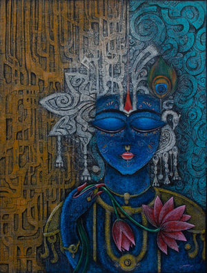 Religious acrylic painting titled 'Lord Krishna (Kamal Nayan)', 48x36 inches, by artist Anil K Vishwa on Canvas