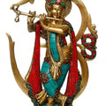 Religious handicraft titled 'Lord Krishna Playing With Om Idol', 9x7x2 inches, by artist Brass Handicrafts on Brass