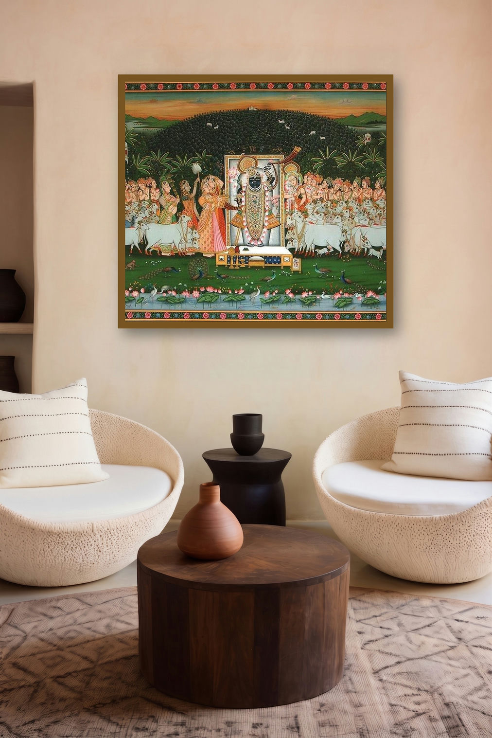 Lord Krishna Sandhya Aarti (Urban Canvas) by artist Rajendra Khanna displayed in a Modern gallery