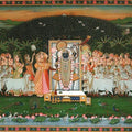 Religious tribal painting titled 'Lord Krishna Sandhya Aarti', 48x72 inches, by artist Rajendra Khanna on Cloth
