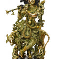 Religious handicraft titled 'Lord Krishna Sitting On Cow And Playing', 29x12x11 inches, by artist Brass Handicrafts on Brass