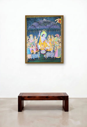 Lord Krishna With Cow (Urban Canvas) by artist Rajendra Khanna displayed in a Eclectic Foyer