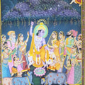 Religious tribal painting titled 'Lord Krishna with Cow', 36x24 inches, by artist Rajendra Khanna on Cloth