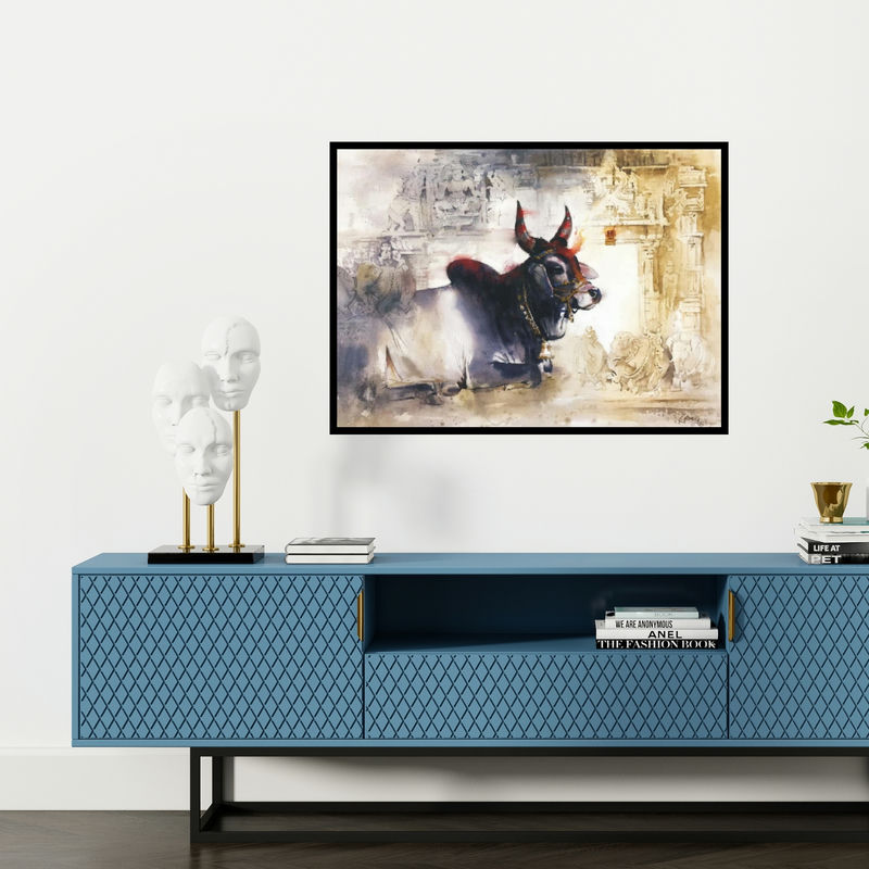 Preview of 'The Lord (Guardian of the Temple)' Painting by Kudalayya Hiremath shown on a wall in a furnished room.