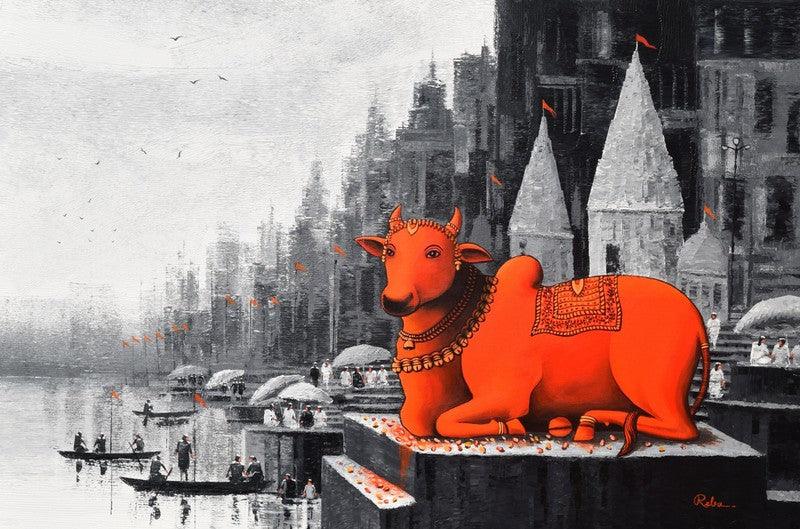 Religious acrylic painting titled 'Lord Nandi At Banaras Ghat 4', 24x36 inches, by artist Reba Mandal on Canvas