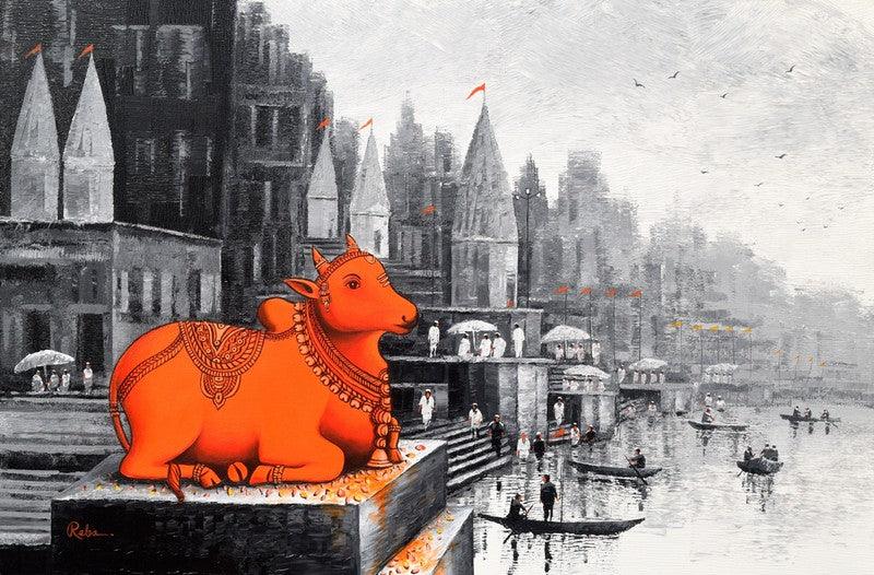 Religious acrylic painting titled 'Lord Nandi At Banaras Ghat 5', 24x36 inches, by artist Reba Mandal on Canvas