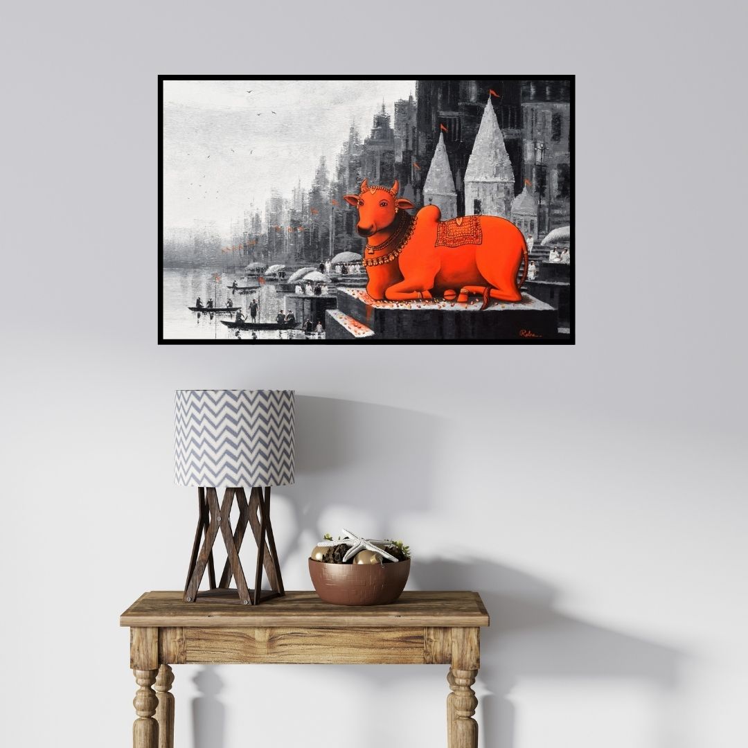 In-situ view of Reba Mandal's 'Lord Nandi At Banaras Ghat 4 (Holy Harmony)' painting in a room