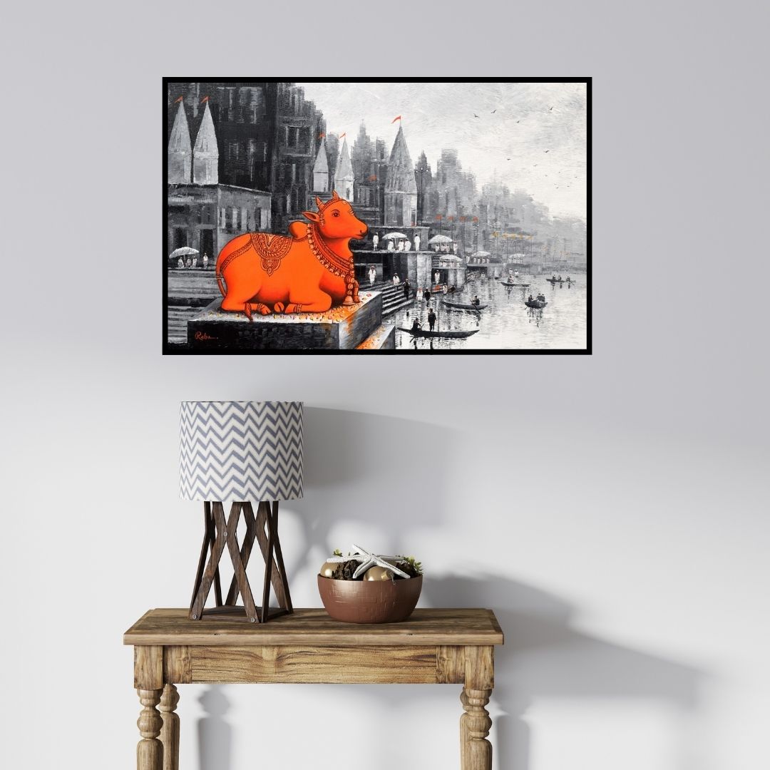 In-situ view of Reba Mandal's 'Lord Nandi At Banaras Ghat 5 (Sacred Harmony)' painting in a room