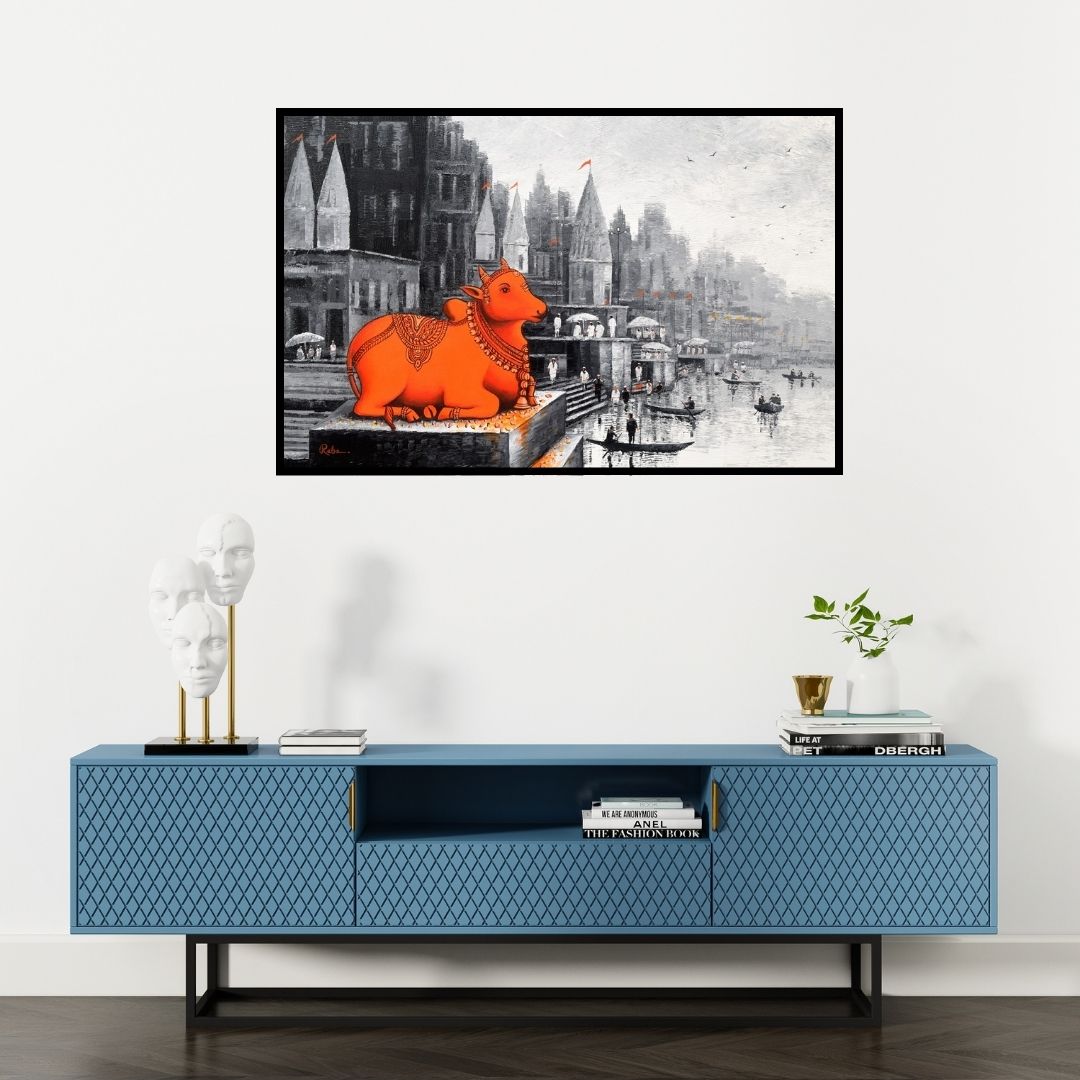 Preview of 'Lord Nandi At Banaras Ghat 5 (Sacred Harmony)' Painting by Reba Mandal shown on a wall in a furnished room.