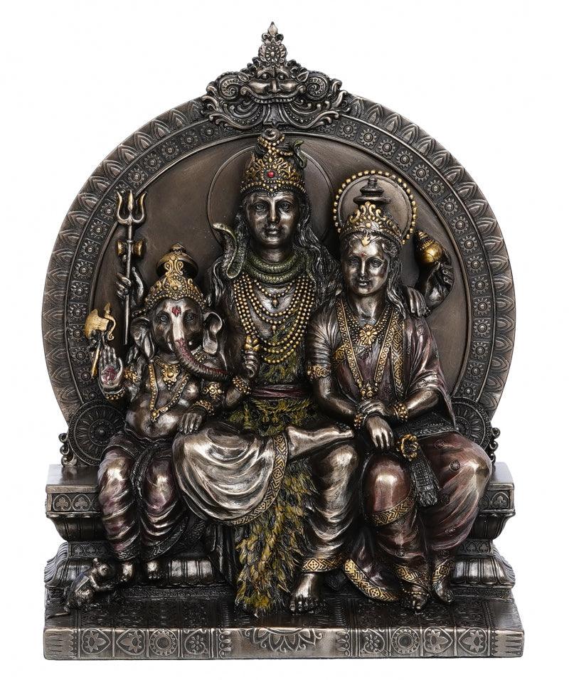 Religious handicraft titled 'Lord Shiva Parivar Sitting On Singhasan', 6x12x3 inches, by artist Brass Handicrafts on Polyresin, Bronze