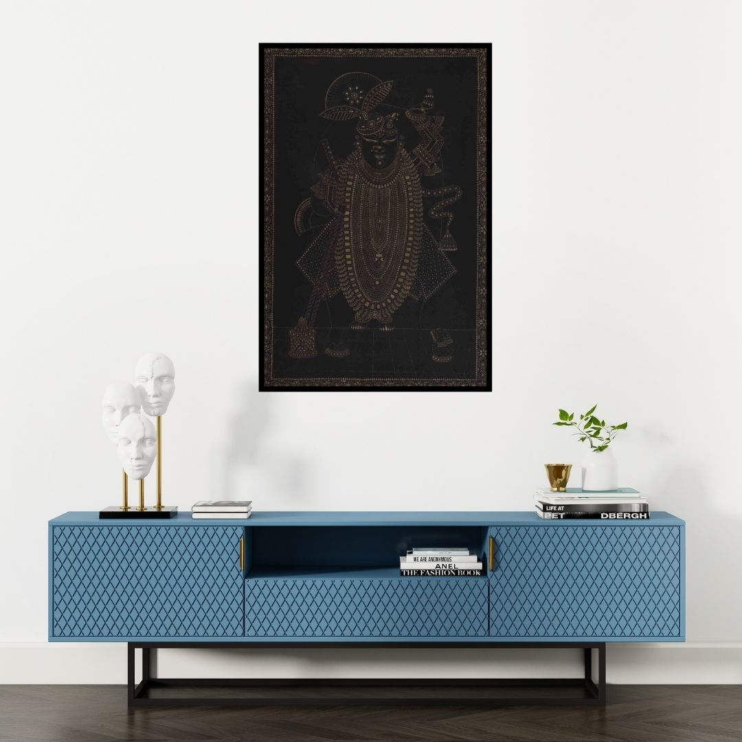 Preview of 'Pichwai (Shrinathji's Golden Majesty)' Painting by Pichwai shown on a wall in a furnished room.