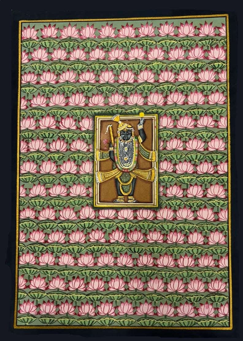 Lord Shrinathji' religious pichwai Traditional Art by artist Unknown, 15x11 inch, on silk