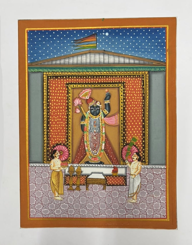 Lord Shrinathji 1' religious pichwai Traditional Art by artist Unknown, 14x11 inch, on silk