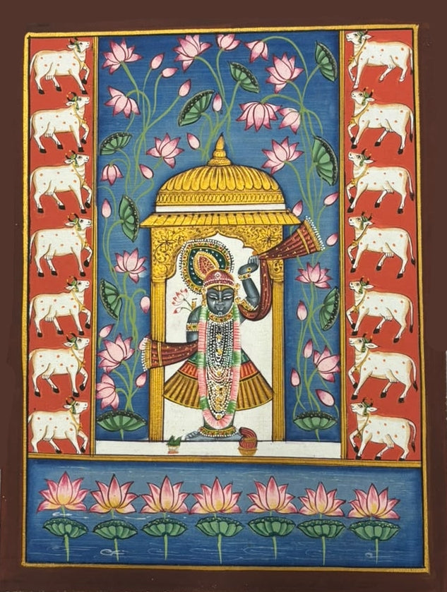 Lord Shrinathji 2' religious pichwai Traditional Art by artist Unknown, 14x11 inch, on silk