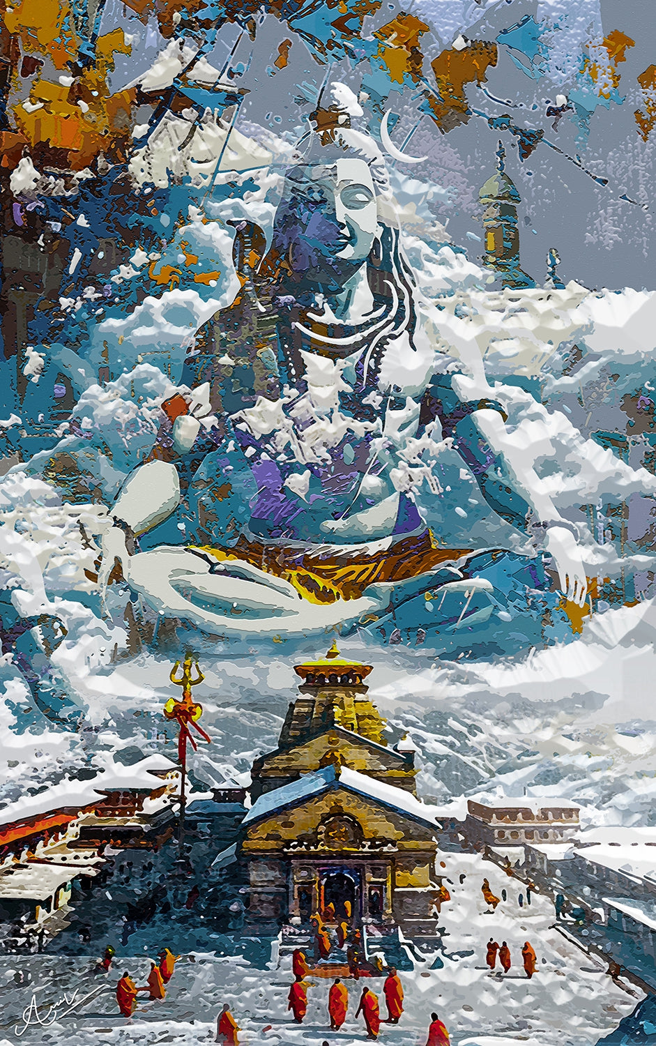 Lord Of Snow' religious mixed-media painting by artist Anil Kumar, 56x32 inch, on canvas