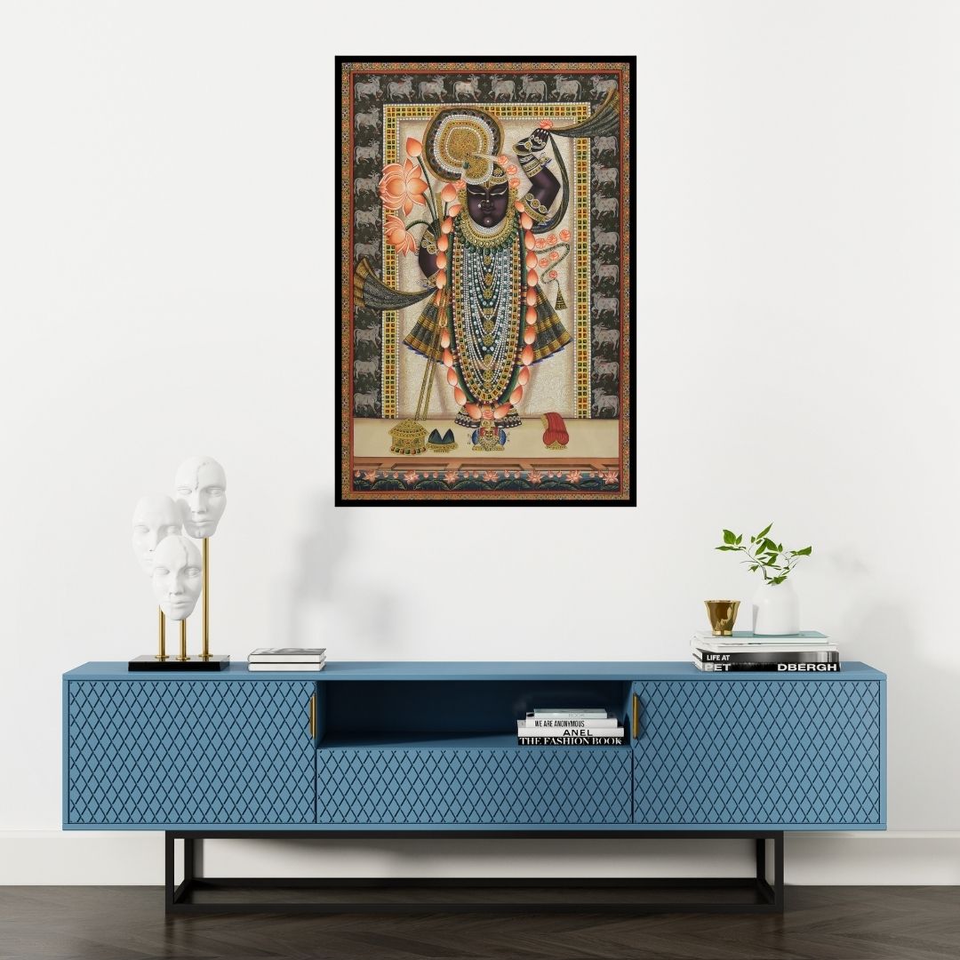 Preview of 'Lord Sreenath Ji Pichwai Art' Painting by Artisan shown on a wall in a furnished room.