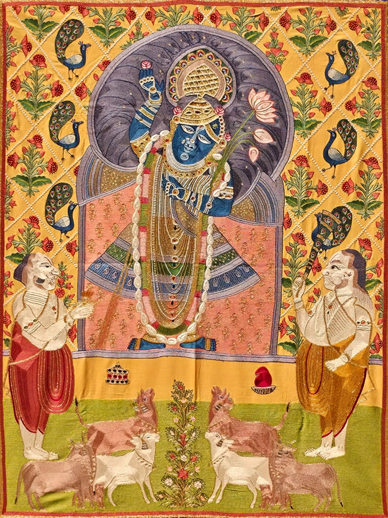 Lord Sreenathji' religious pichwai Traditional Art by artist Ana, 48x36 inch, on cloth