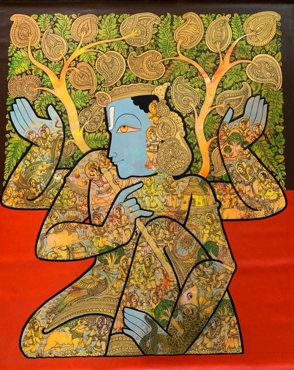 Religious acrylic painting titled 'Lord Vishnu 1', 60x48 inches, by artist Ramesh Gorjala on Canvas