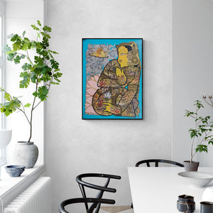 Preview of 'Lord Vishnu 3 (Lakshmi, the Goddess of Wealth)' Painting by Ramesh Gorjala shown on a wall in a furnished room.