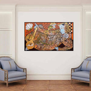 'Lord Vishnu (Krishna, the Divine Musician)' painting by Ramesh Gorjala shown on a wall in a furnished room.