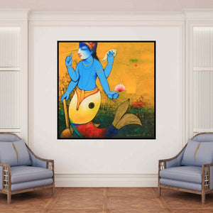 In-situ view of Anand Panchal's 'Lord Vishnu (Vishnu Matsya Avatara)' painting in a room