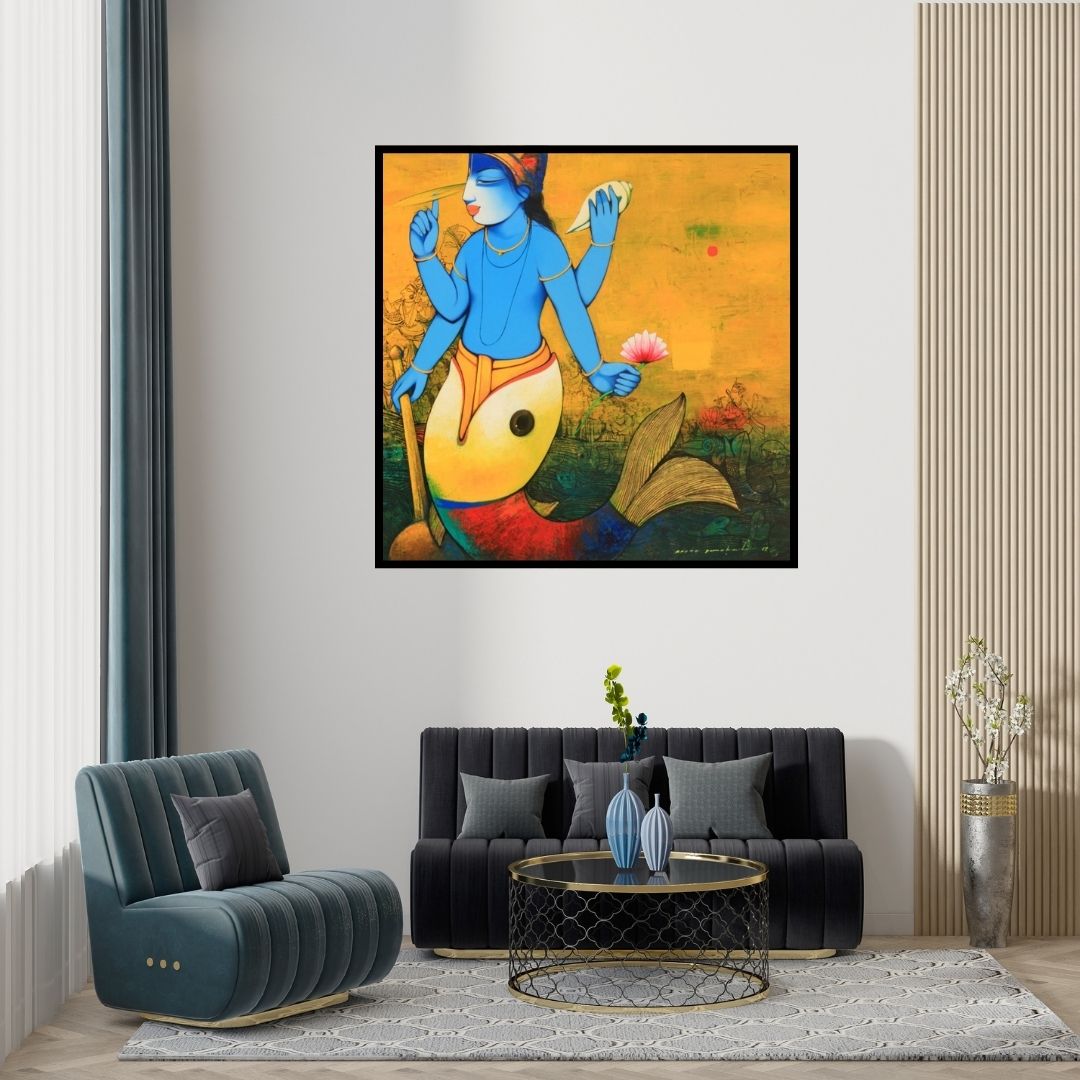 Preview of 'Lord Vishnu (Vishnu Matsya Avatara)' Painting by Anand Panchal shown on a wall in a furnished room.