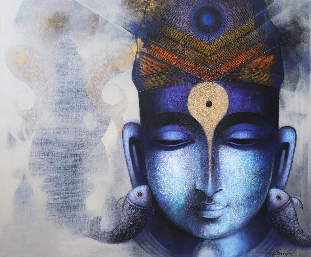 Lord Vithal' religious acrylic-charcoal painting by artist Somnath Bothe, 30x36 inch, on canvas
