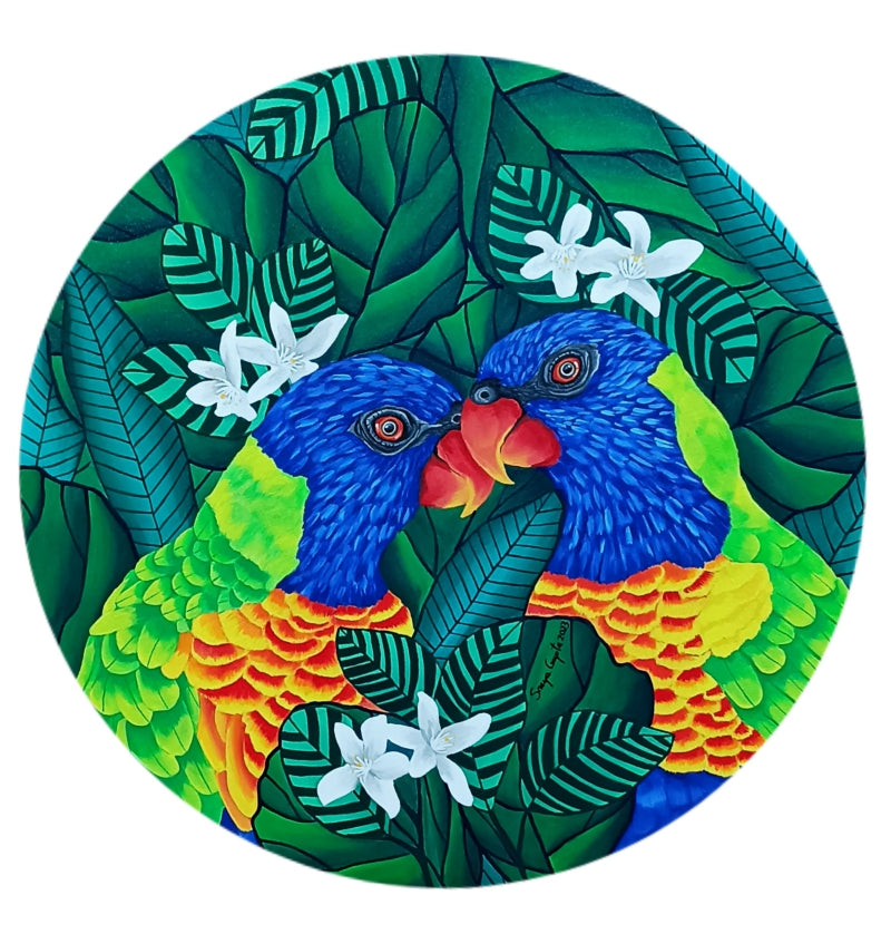 Lorikeet Love' nature acrylic painting by artist Sreya Gupta, 28x28 inch, on canvas