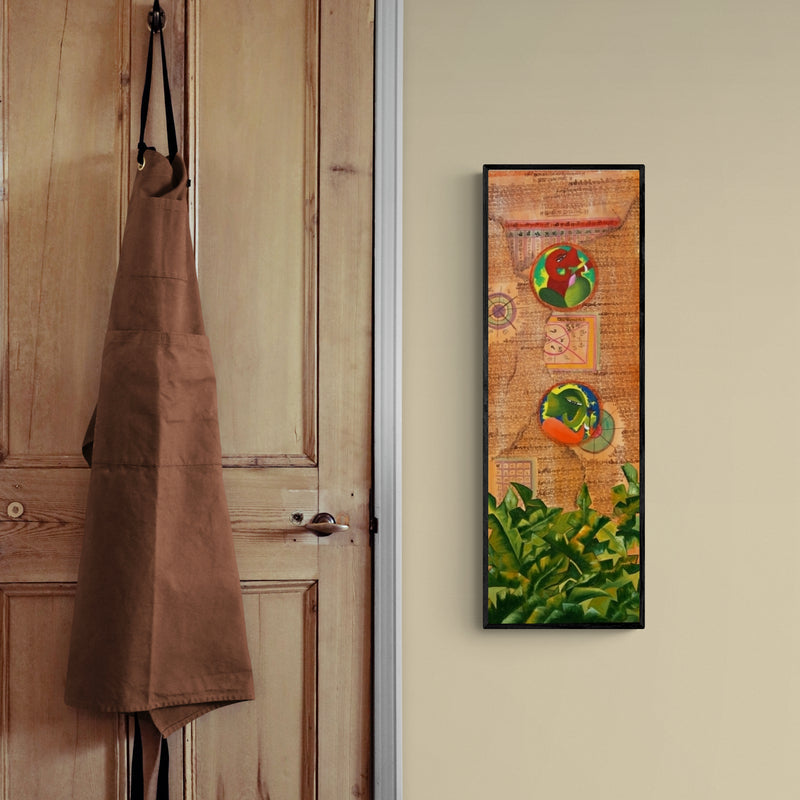 Preview of 'Lost Scriptures' Painting by Deepali Mundra shown on a wall in a furnished room.