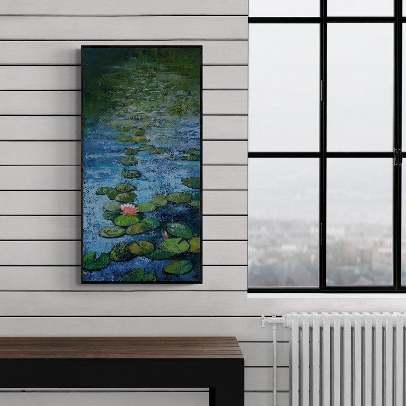 In-situ view of Sandeep Ghule's 'Lotus 1 (Water Lily in Still Waters)' painting in a room