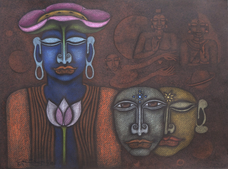 Lotus' figurative mixed-media painting by artist M Raja, 22x30 inch, on acid free paper