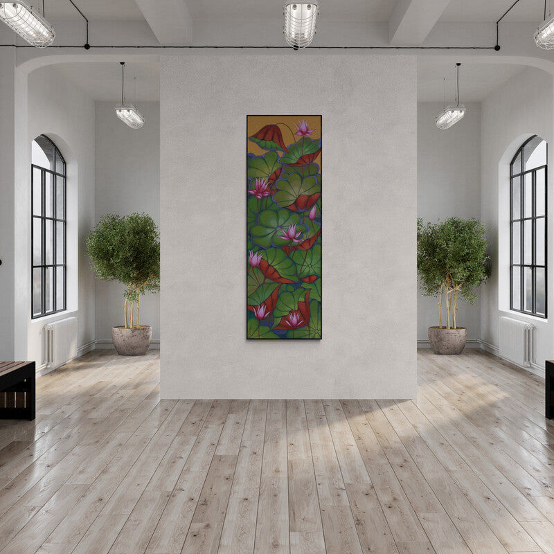 Sekhar Roy's painting 'Lotus 8 (Lotus Serenity)' displayed in a modern living room setting