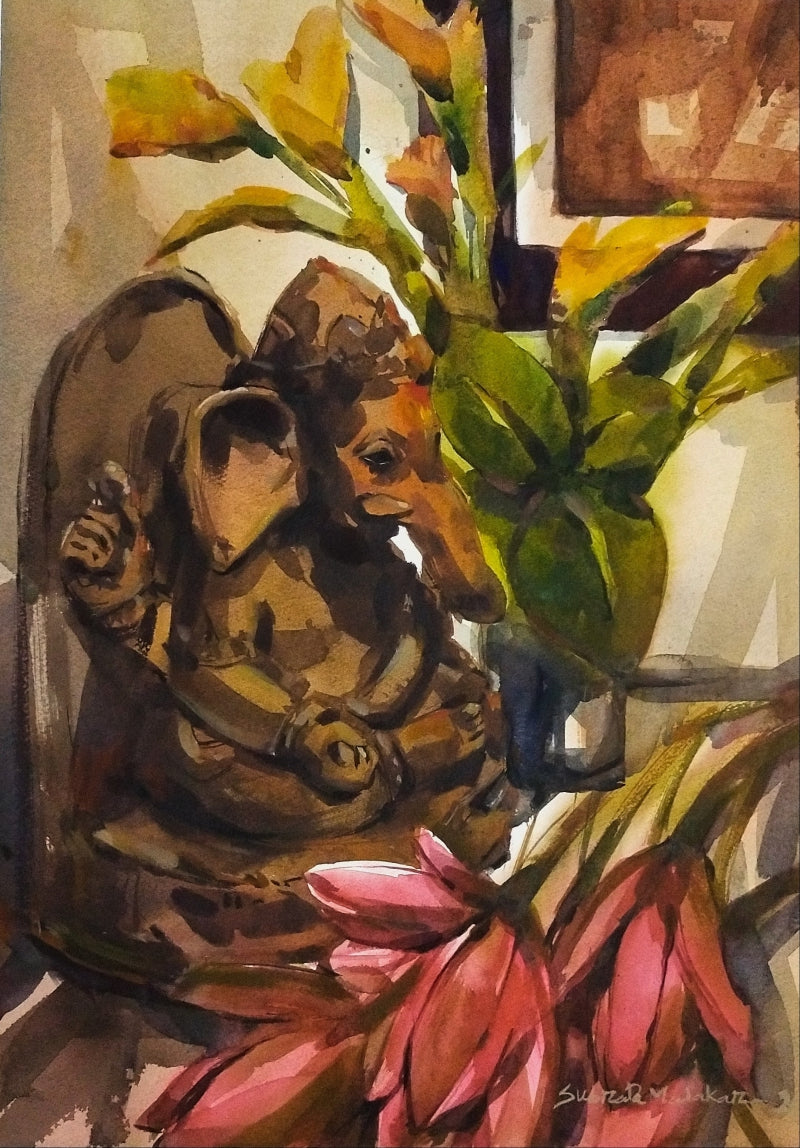 Lotus And The Lord' religious watercolor painting by artist Subrata Malakar, 22x15 inch, on paper