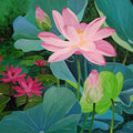 'Lotus And Water Lily 1' nature acrylic painting by artist Vishwajyoti Mohrhoff, 20x24 inch, on canvas