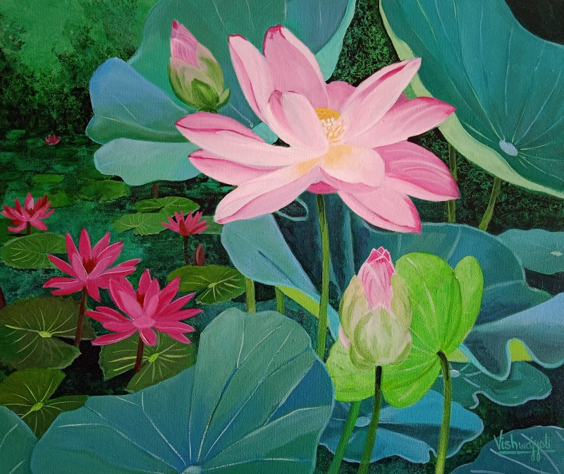 'Lotus And Water Lily 1' nature acrylic painting by artist Vishwajyoti Mohrhoff, 20x24 inch, on canvas