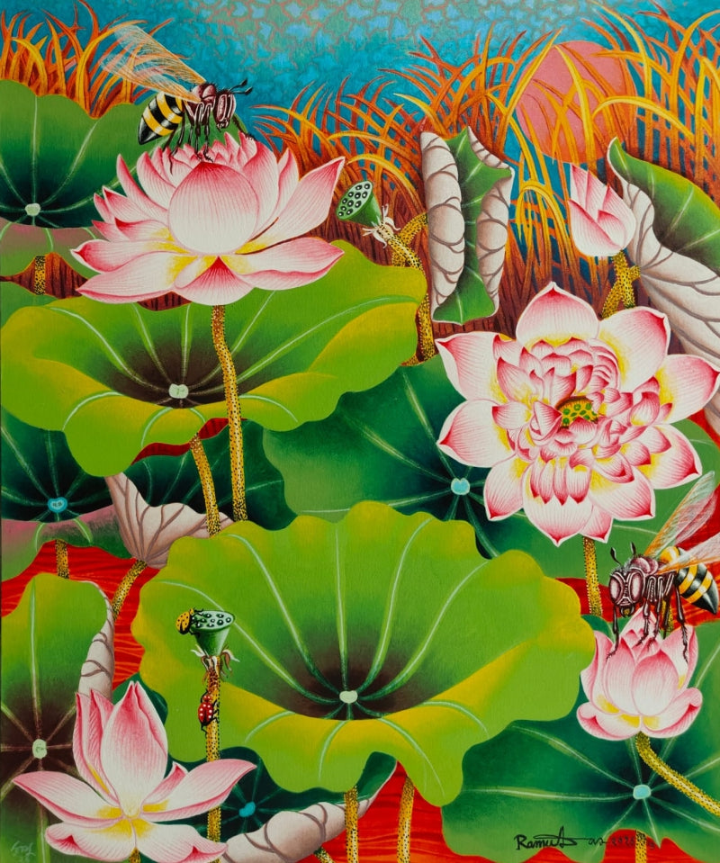 Lotus With Bees' nature acrylic painting by artist Ramu Das, 36x30 inch, on canvas