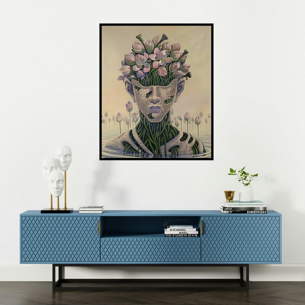 Bijay Biswaal's 'Lotus' painting visualized above a sofa in a contemporary room.