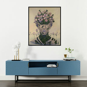 Bijay Biswaal's 'Lotus' painting visualized above a sofa in a contemporary room.