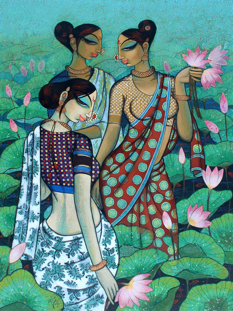 Lotus Bloom Sisters' figurative acrylic painting by artist Varsha R Kharatmal, 40x30 inch, on canvas