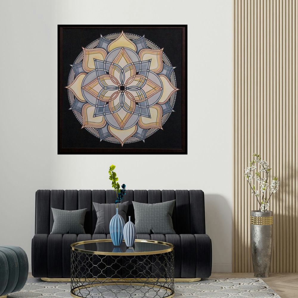 Manju Lamba's 'LOTUS BLOOMING (Symmetrical Harmony)' painting visualized above a sofa in a contemporary room.